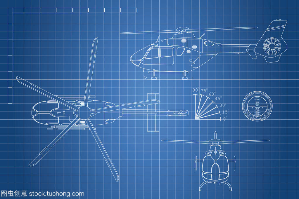 工程蓝图的直升机。直升机视图︰ 顶部,侧面,正面。工业绘图